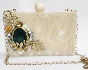 Wedding White resin clutch bag with green brooch - Handmade Resin Purse for Brides - Sling Bag with golden Metal Strap - Bridesmaid gift