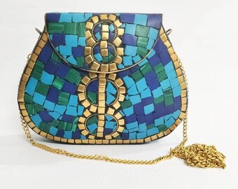 Gift for her Bohemian metal crossbody bag with detachable Metal strap - Blue & green Best handmade Mosaic metal clutch bag mothers day gift