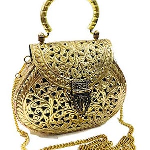 Golden brass clutch - With Detachable Chain and removable handle - Girl Women party gift - bridal Sling bag - Antique ethnic purse