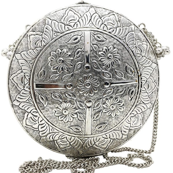 Silver color Round Shape vintage Antique Hand Carving clutches Handmade Brass metal purse women party clutch