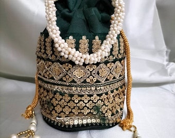 Handmade multicolored embroiderd purse - Indian Bridsmaid wedding favor potali bags with pearl beaded tassel - Minimalist wedding purse