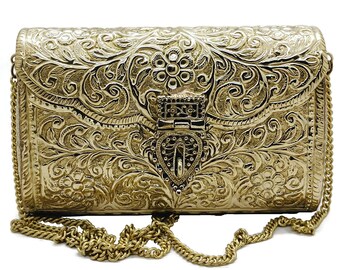 Valentinstag Geschenk für Sie - Goldene Messing Metall Box Clutch Geldbörse - Royal Vintage Style Goldene Metall Clutch mit Crossbody Metallriemen