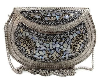 Perlmutt Silber Minimalist Mosaik Clutch Geldbörse - Vintage Verzierte Indische Boho Tasche - Thanksgiving handgemachte ethnische Mosaik Clutch Tasche