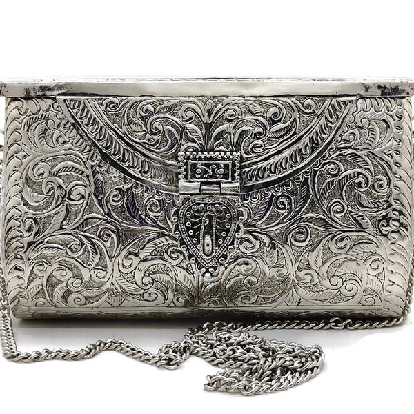 Pochette en métal argenté pour cadeau de demoiselle d'honneur - Sac à main en métal de mariage royal - Pochette ethnique faite à la main - Cadeau pour elle モ ザ イ ク バ ッ グ