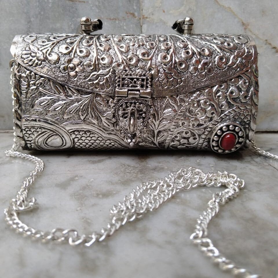German Silver Metal Clutch with Handle, Indian Handmade silver Party Sling  Bag, Proposal Gift for her, Ethnic Handmade Vintage Style Purse