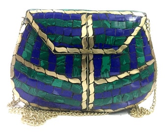 Women Bridal blue shaded mosaic metal bag antique ethnic clutch Indian antique purse party clutch women bag