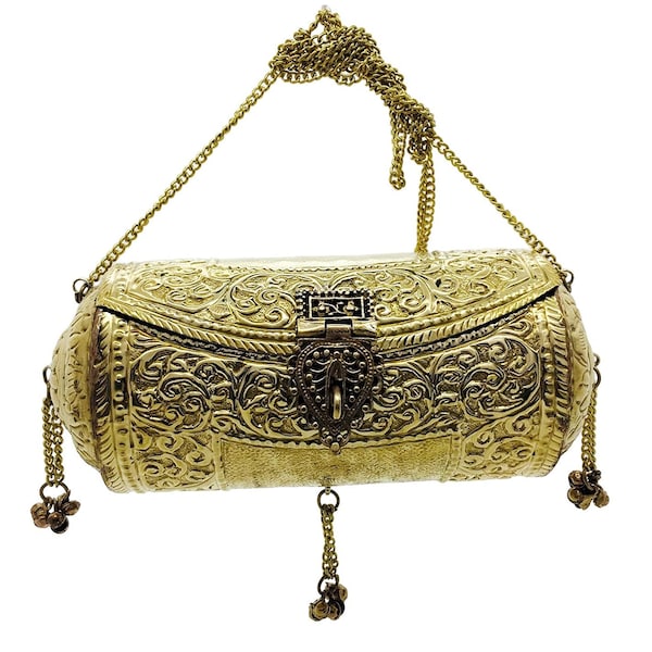 Handmade Royal Indian Gift for Her, Ethnic Brass Metal bag - Vintage style golden round shaped clutch Purse - Rakshabandhan Gifts for her
