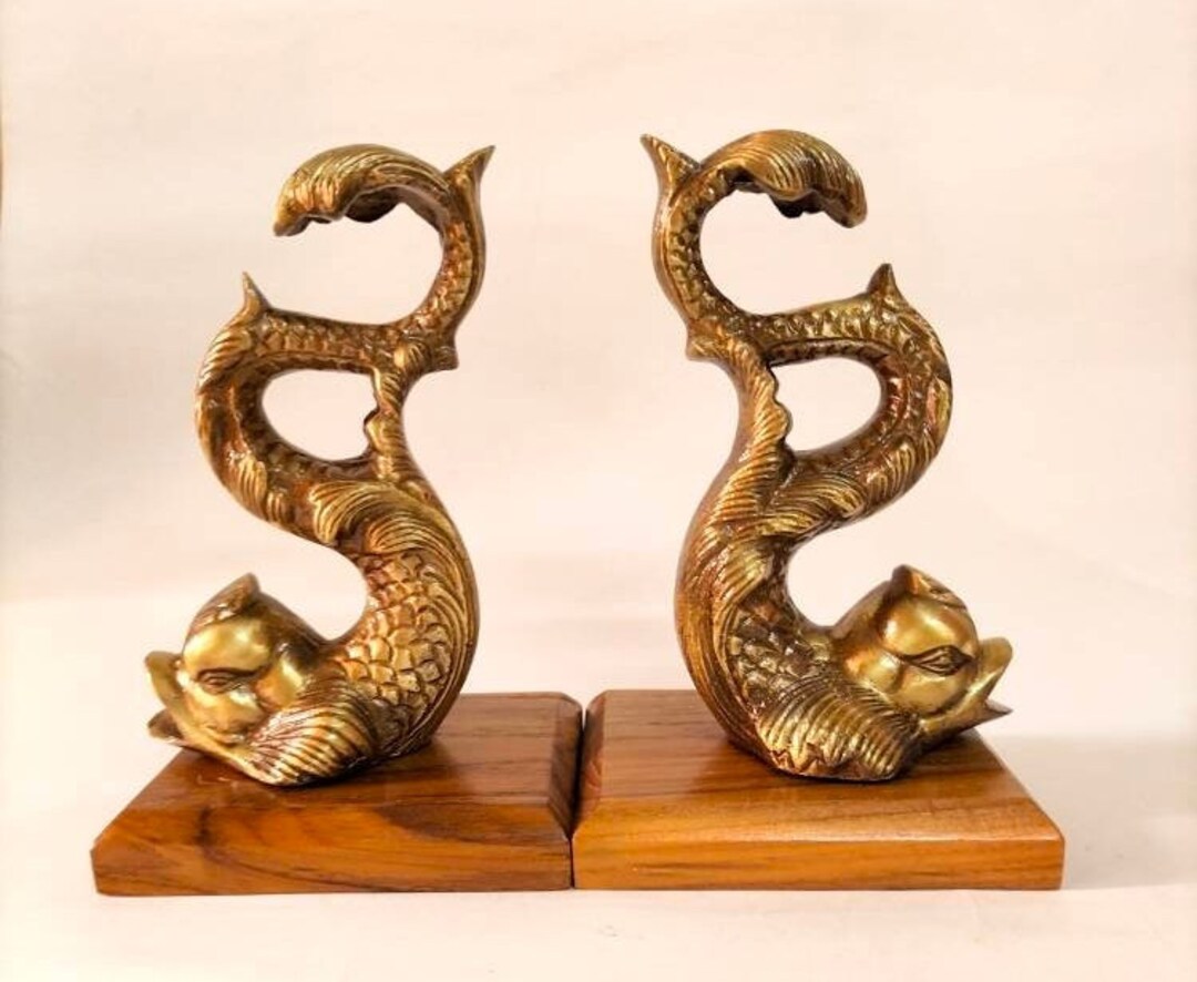 Brass Bookends With Wooden Stand Royal Fish Bookends for Etsy