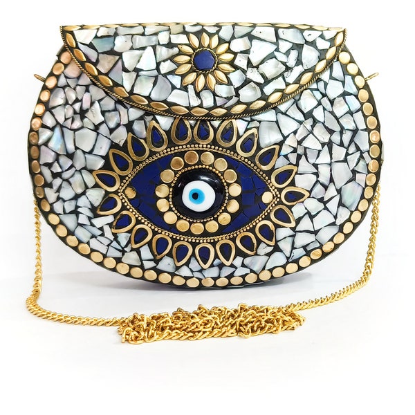 Evil Eye Mosaic Metal Bag - Handmade Antique Silver Shell Clutch - Ethnic Purse for Mothers day gift - Crossbody Sling Bag - Wrist bag