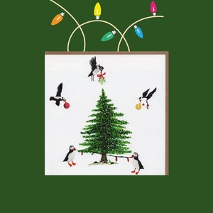 Puffin Christmas Card | Puffins Decorating Tree Card | Festive Puffin Card | Blank Inside