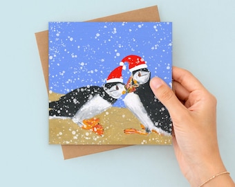 Snowy Puffin Christmas Card | Coastal Bird Art Greeting