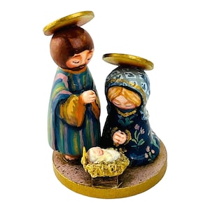 Vintage Christmas Nativity Figurine Miniature Hand Painted and Hand Carved Wood  Artist Signed FEB 2.75 Inch