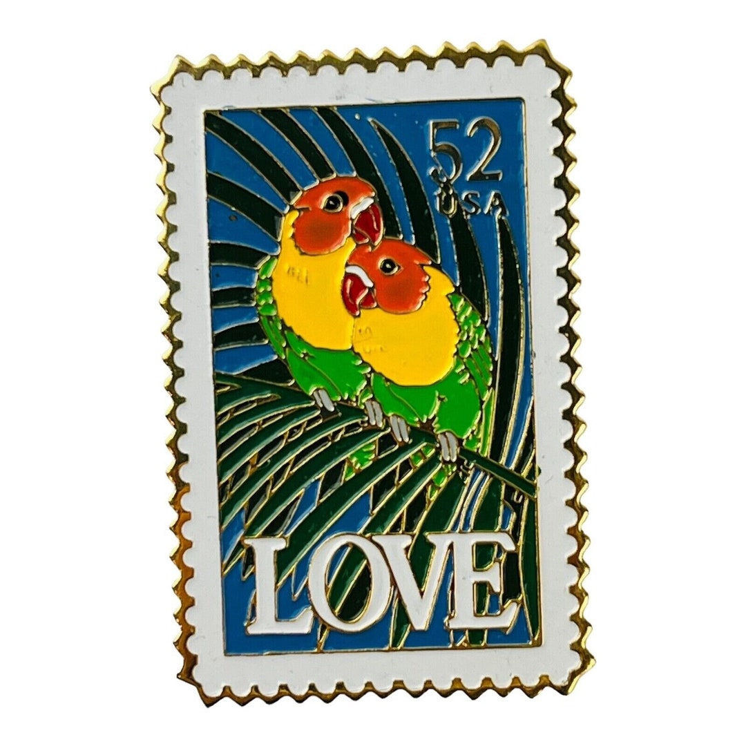 Vintage Love Birds Parrots Postage Stamp Lapel Pin Lovebirds Gift USPS