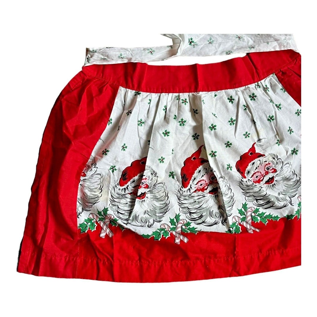 Vintage Christmas Half Apron Red White Printed Santa Design Etsy