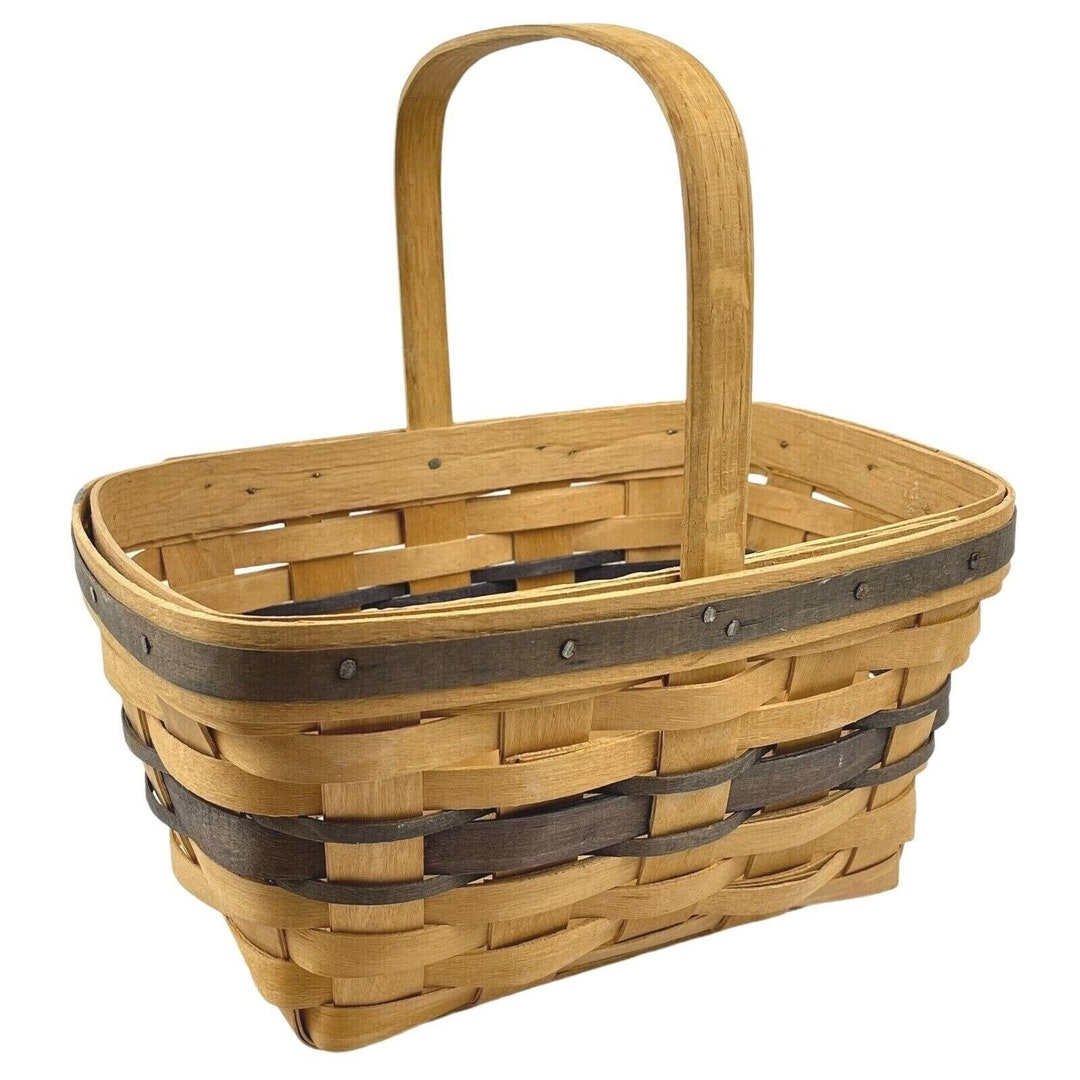 Longaberger Small Market Basket Stationary Handle 1985 Gray Blue Stripe