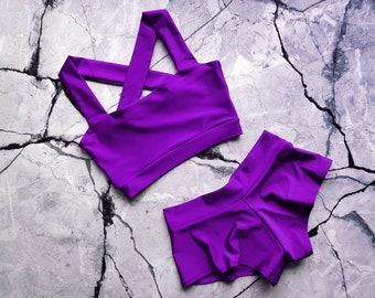 Pole Dance Wear - Violet Set, Yoga Wear, Workout Set, Hot Outfit, Pole Dance Lover Gift, Bikram Shorts, Elastic Lycra Dance Wear