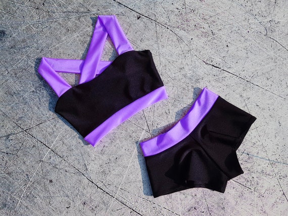 Pole Dance Wear - Black & Lavender Costume, Yoga Wear, Workout Set, Hot  Outfit, Pole Dance Lover, Bikram Shorts, Elastic Lycra Dance Wear