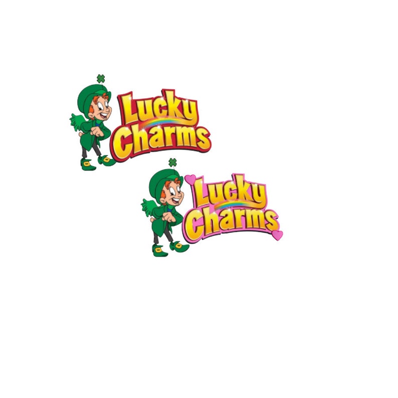May include: Two versions of the Lucky Charms logo, featuring a cartoon leprechaun in a green hat and a gold pot of coins. The top logo has a rainbow and red text, while the bottom logo has a pink heart and pink text.