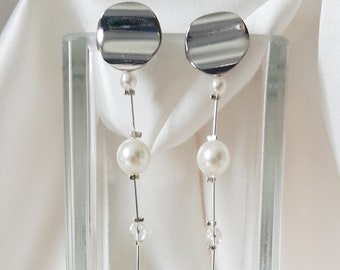 Bridal Dandling Earrings, White Pearls and Ivory Drop - CLAIRE -