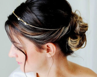 Crown/Headband Bride, Fine Transparent Golden Pearls en Swarovski Crystal Cabochons - LUCILE HEAD ORNAMENT -