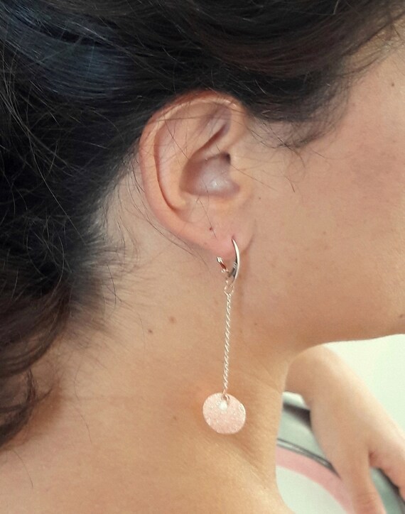 Bridal Dandling Earrings, Rose Gold Lever Back Clasp, Rose Gold Chain & Sequin - Beline -