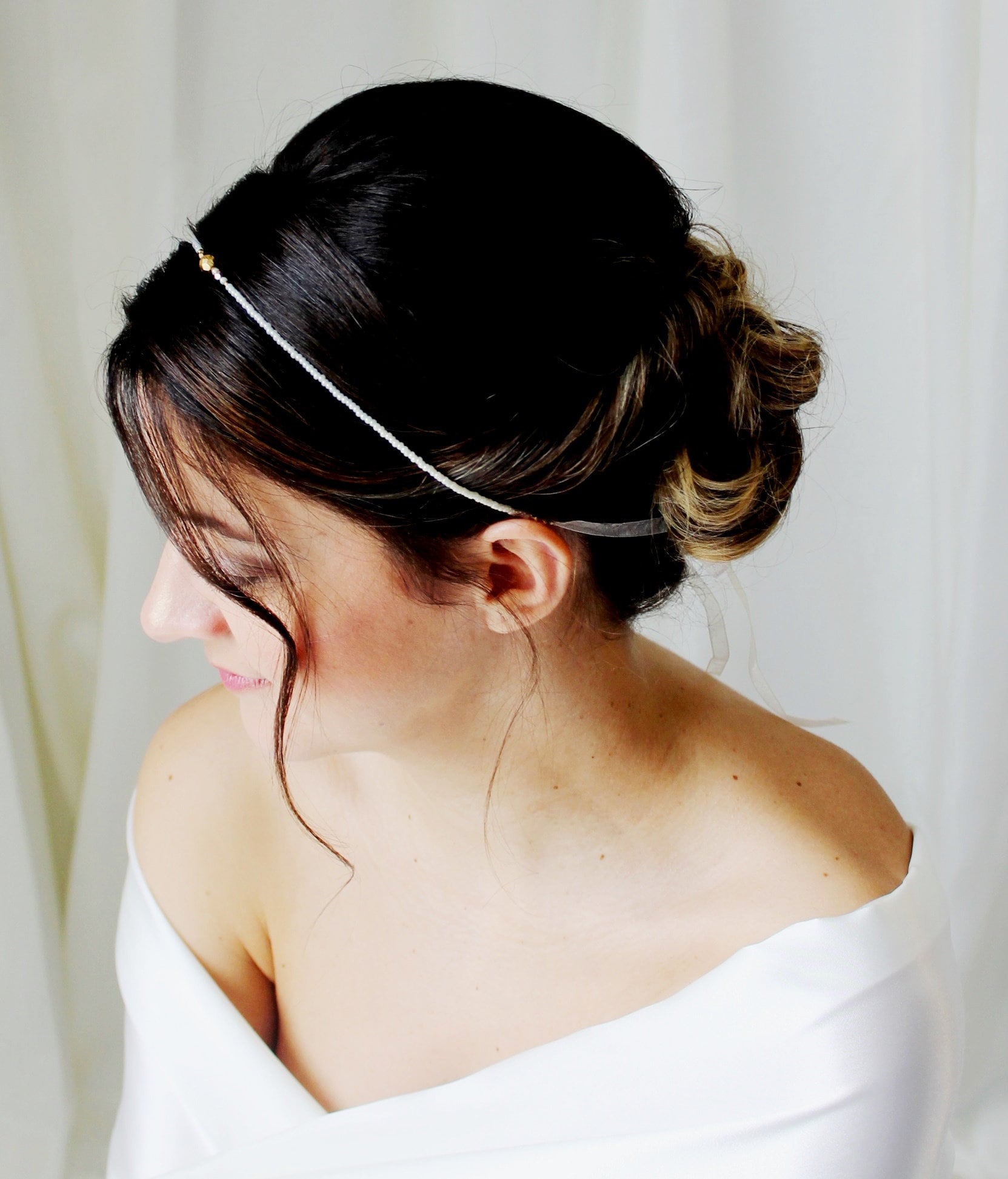 Bridal Headband, Cream Rocaille Beads and 24k Gold-Plated Faceted Pearls - ELISE -