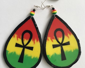 Pendientes de madera rastafari ankh con forma de lágrima