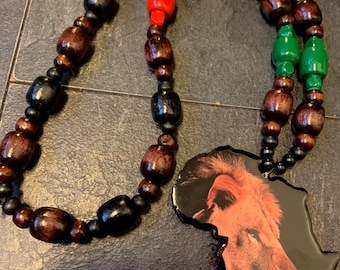 Rastafari lion Africa map handmade wooden beads necklace