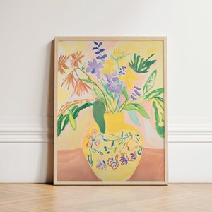 Impresión artística de jarrón floral pintado a mano / Arte mural botánico brillante / Decoración impresionista moderna para el hogar
