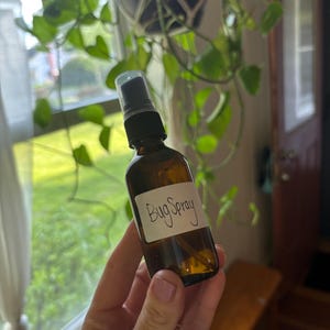 May include: A small amber glass spray bottle with a black cap and a clear plastic cover. The bottle has a white label with the handwritten text "Bug Spray". The background includes green plants and a window.