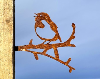 Rusty Robin on a Branch Sculpture - Rusty Fence decoration, Attach to Fence sheds and walls, Bird Feeder Hook, Small Hanging basket hook