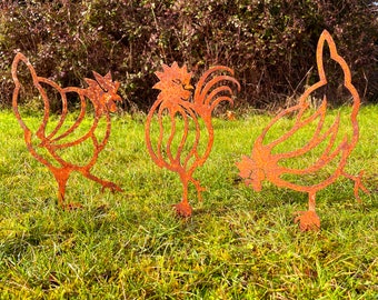 RUSTY METAL CHICKENS, Set of 3 Hen Chicken Yard Art Decor, Easter Chicks & Chicken Gift, Chicken Farm Animal Countryside Garden Decor Gift