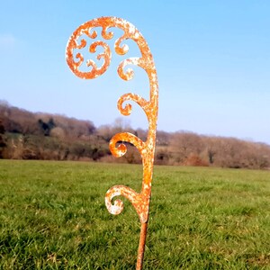 May include: A rusty metal fern frond sculpture with intricate details. The sculpture is a single frond with a curled tip and a long stem. The sculpture is set against a background of a green field and a blue sky.