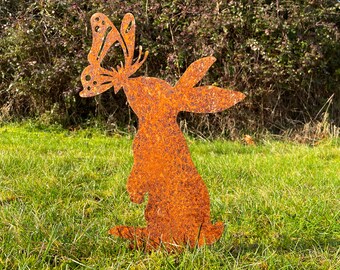 METAL RABBIT KISSING Butterfly, Metal Bunny, Rusty Metal Garden Art, Lawn Garden Ornaments, Easter Bunny Gift, Rusty Metal Hare Garden Gift