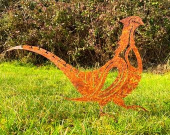 PHEASANT GARDEN ART,  Rusty Pheasant Topper, Metal Bird Art Sculpture Garden Ornament, Cranes Garden Metal Art, Lawn Decoration, Garden Gift