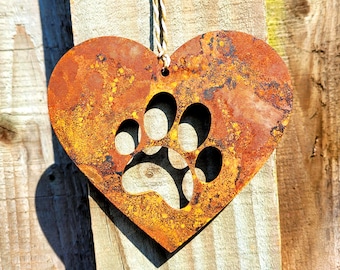 Rustic Rusty Metal Paw Print Love Heart Pet Dog Cat Memorial Gift Present Garden Art Hanging Decoration Ornament Sign Sculpture Decor