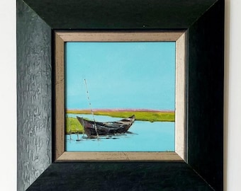 Miniature Oil Painting of Old Fishing Boat. Framed Landscape on Cardboard