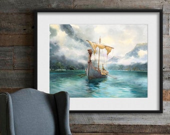 Viking Dragon Ship. Norway Watercolor Art Print. Norway Viking