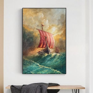 Barca vichinga Drakkar. Stampa d'arte acquerello Norvegia. Barca vichinga norvegese. Arte da parete norvegese. Arredamento scandinavo. Dipinto di grandi dimensioni. Pittura vichinga