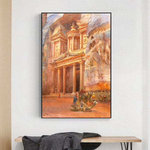 Petra Jordan. Watercolor Print. Petra wall art. Jordan travel gift. Oversized wall art. Large Painting. Canvas wall decor. Large watercolor