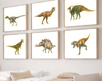 Akwarelowe nadruki z dinozaurami: dekoracja ścienna do pokoju dziecięcego, zestaw 6 sztuk
