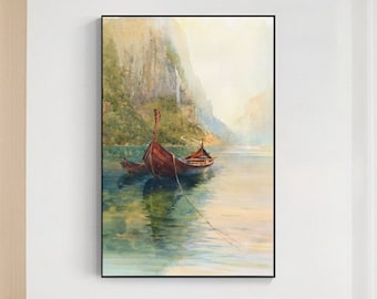 Norway Fjord Watercolor Art Print: Viking Boat Scandinavian Landscape