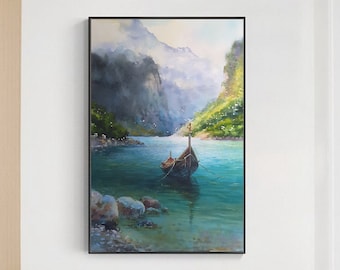 Norway Viking Boat Watercolor Print: Scandinavian Landscape Art