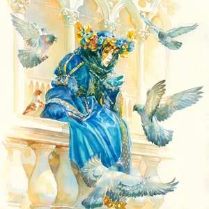 Venice Carnival Mask Watercolor Art Print: Masquerade Costume, Pigeons