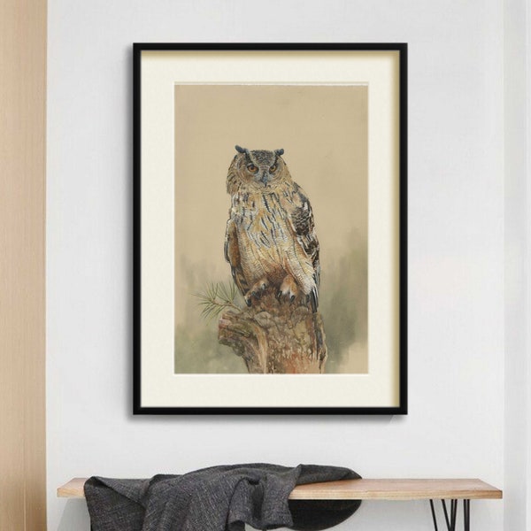 Owl Giclee print from original watercolor painting. Vintage eagle owl artwork farmhouse cottagecore wall art. Cabin Kids poster. Hunter Gift