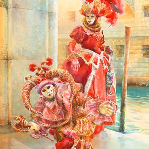 Venice Carnival Jester Mask Watercolor Painting: Luxurious Masquerade Art Print