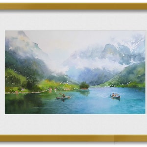 May include: Watercolor painting of a lake surrounded by mountains with a misty sky. Two boats with people are on the lake.
