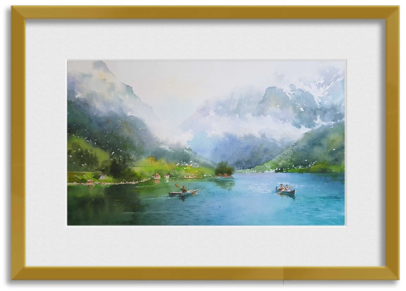 May include: Watercolor painting of a lake surrounded by mountains with a misty sky. Two boats with people are on the lake.