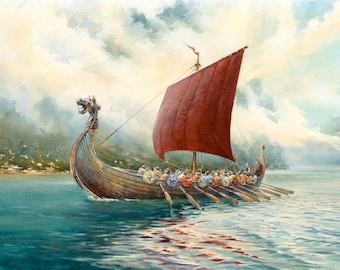 Drakkar Viking Boat Watercolor Art Print: Scandinavian Wall Decor