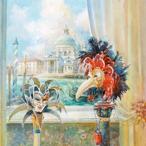 Venice Carnival Mask Watercolor Painting: Venetian Window Giclee Print